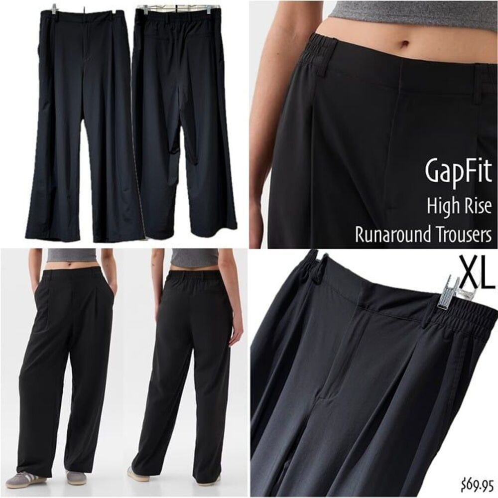 Gap GapFit Black High Rise Runaround Wide Leg Trousers Lightweight Elastic Waist